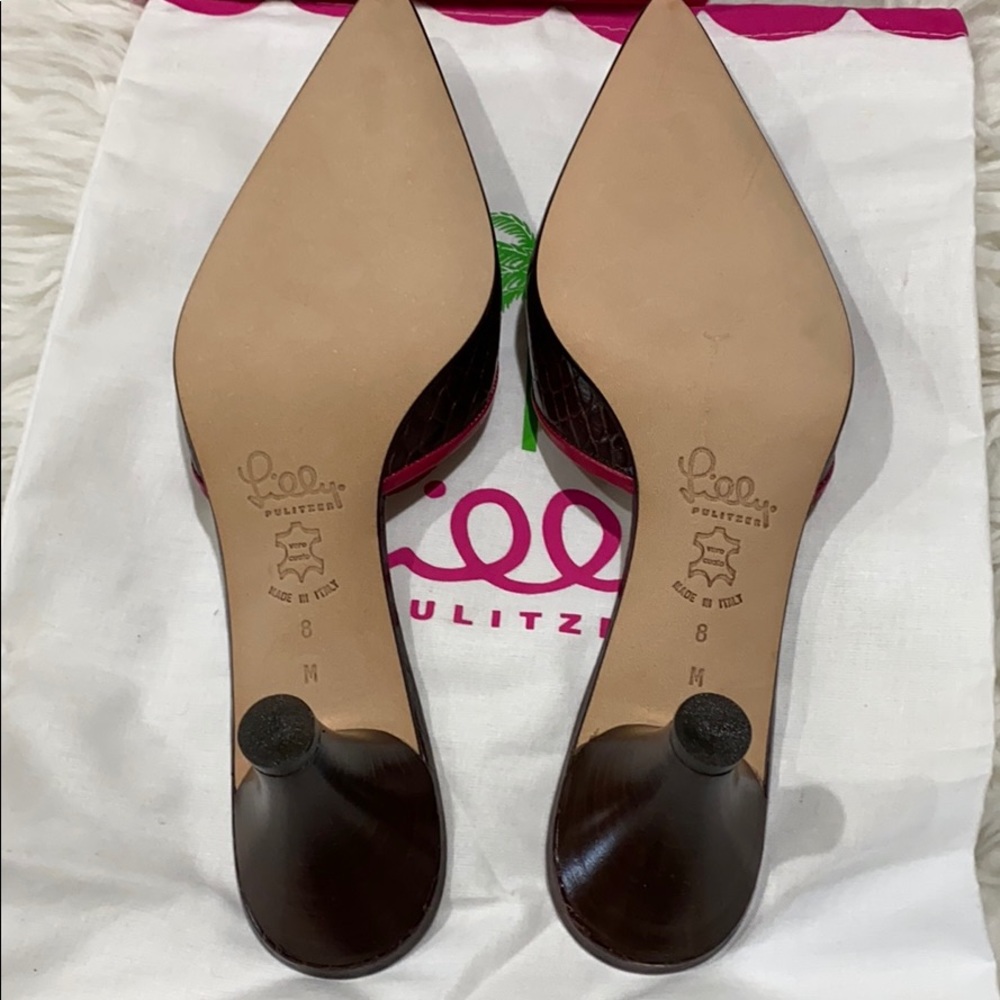 Lilly Pulitzer Louise Brown Croc Kitten Heel Mules - Picture 9 of 11